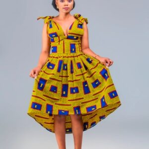 NICKI AFRO PRINT DRESS PRODUCT DESCRIPTION: High low dress gathered skirt corset waistband self-tie bodice lined lace up back waist zip fastening tulle underskirt overall length 52" Pattern may be different due to the photograph light.